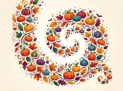 Autumn fall harvest swirl pattern with pumpkins leaves and bats for Halloween and thanksgiving season.