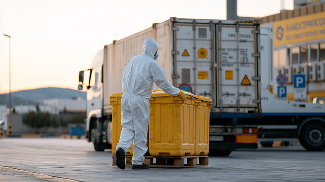 Industrial pharmaceutical waste processing facility exterior at dusk, a logistics worker in hazmat suit loading sealed sharps containers onto a specialized transport vehicle,