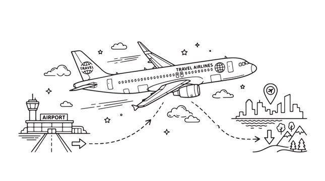 Minimalist airplane line art vector, commercial travel airlines flying from airport terminal, global aviation and tourism concept illustration