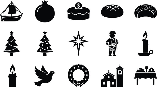 Traditional christmas holiday celebration christian culture religious church nativity symbols feast food and winter decoration icons set