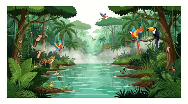 Lush Amazon Rainforest River Scene with Diverse Wildlife and Flora