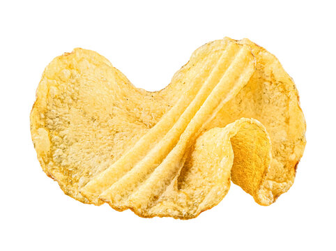 Delicious crispy golden wavy ridged potato chips, a savory snack food, isolated on a transparent background.