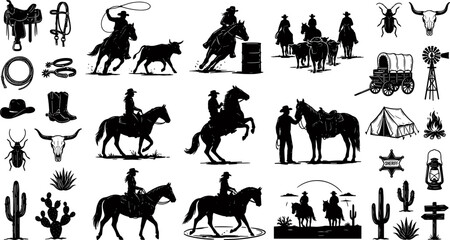 Fototapeta premium Wild west cowboy silhouette vector set featuring horse riders rodeo barrel racing cattle herding desert cactus and rustic ranch graphics.
