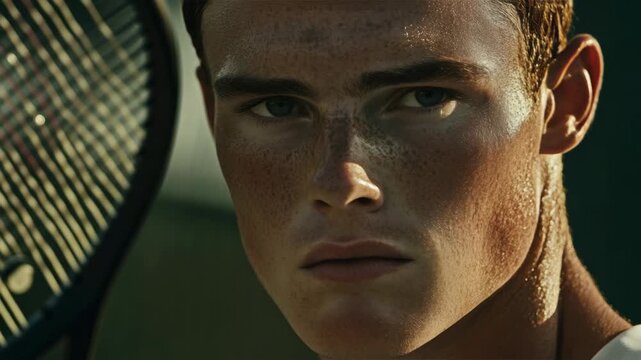 A young man with red hair and freckles is sweaty from playing tennis. He has a focused expression and looks directly at the camera. His skin is flushed, indicating exertion and determination.
