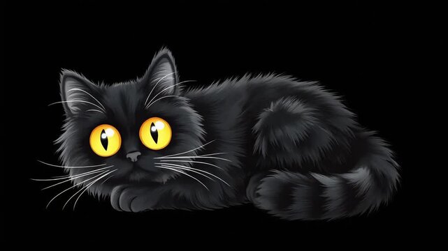 Fluffy black cat with wide glowing yellow eyes resting in this high quality digital animation motion video clip style