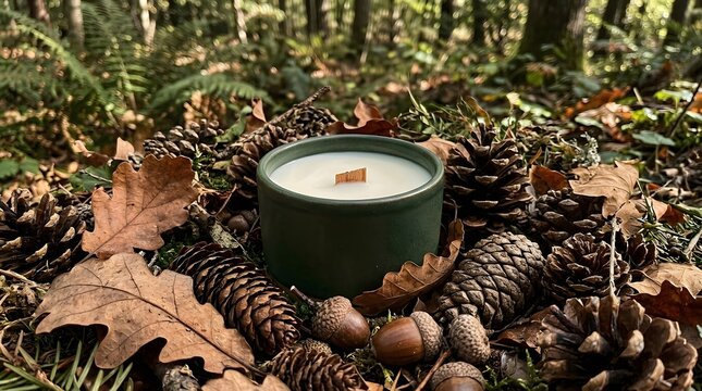 christmas candle and pine cones on wood