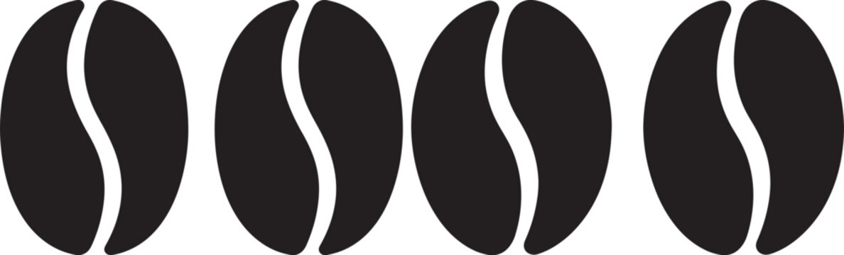 Row of coffee beans silhouette black vector on white background with silhouette caffeine espresso ingredient illustration isolated
