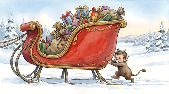 Funny little Krampus pushing heavy Santa sleigh full of Christmas gifts in snowy winter landscape