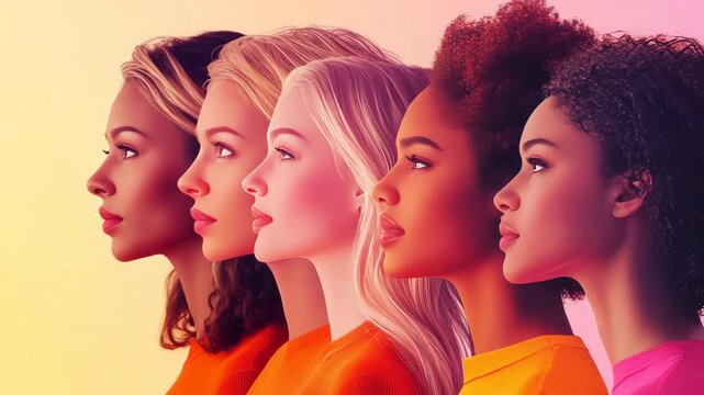 A diverse group of women with different hair colors and styles against a gradient background.