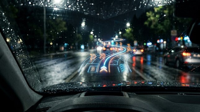 Augmented reality navigation system overlay on a rainy night windshield, guiding the driver
