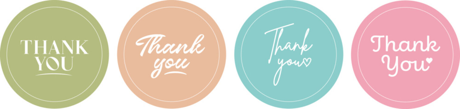 Simple Pastel Thank You Round Sticker Labels Vector Set, Circle Badge Logo Templates for Small Business Packaging