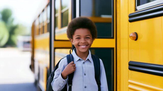 Happy schoolboy boarding yellow school bus, represents education, transportation, childhood, learning, and student life.