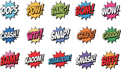 Comic book sound effects vector illustration set featuring bright speech bubbles with explosive onomatopoeia words text © Yesrath Hasan Sobuj