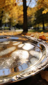 Ornate Silver Tray Resting on Golden Autumn Leaves with Sunlit Park Background