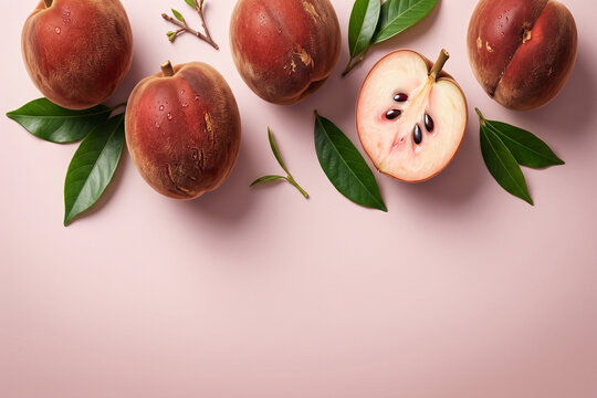 Fresh velvet apple mabolo fruits with whole and cross section slices on pink background copy space