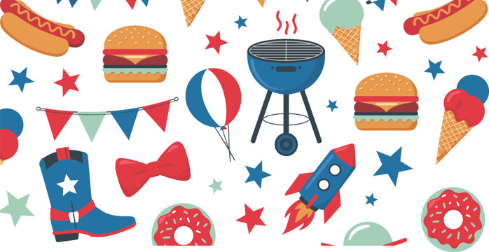 Fourth of July patriotic barbecue elements vector illustration set with hamburger hot dog grill fireworks rocket and stars