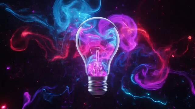 Lightbulb emitting swirling clouds of vibrant blue and hot pink neon smoke captured in this high resolution motion animation video