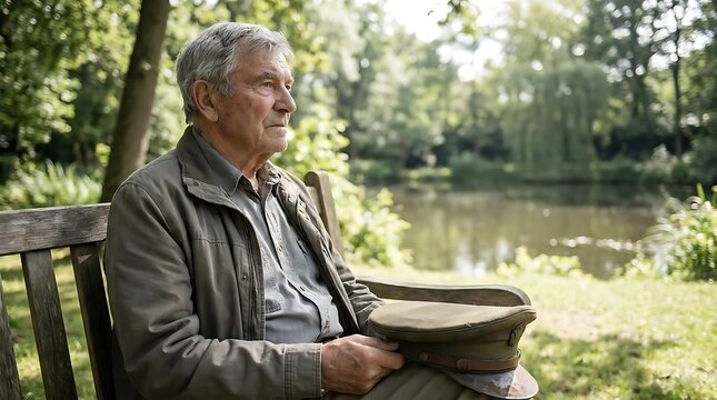 Elderly man sitting on park bench contemplating by water scenic view outdoors