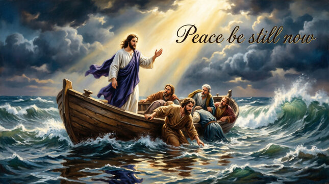 Jesus stands fearlessly and calms the raging sea storm, bringing divine peace and lasting hope.