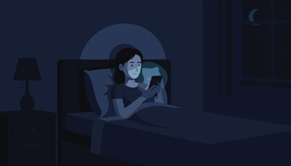 Fototapeta premium Woman lying in bed late at night looking at her smartphone with the blue screen light illuminating her face in a dark bedroom.