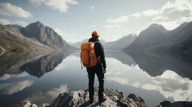 Adventurous hiker wearing a vibrant orange backpack pauses on a rocky summit, gazing across a vast, serene lake reflecting majestic, sunlit mountain ranges under a clear blue sky, embodying
