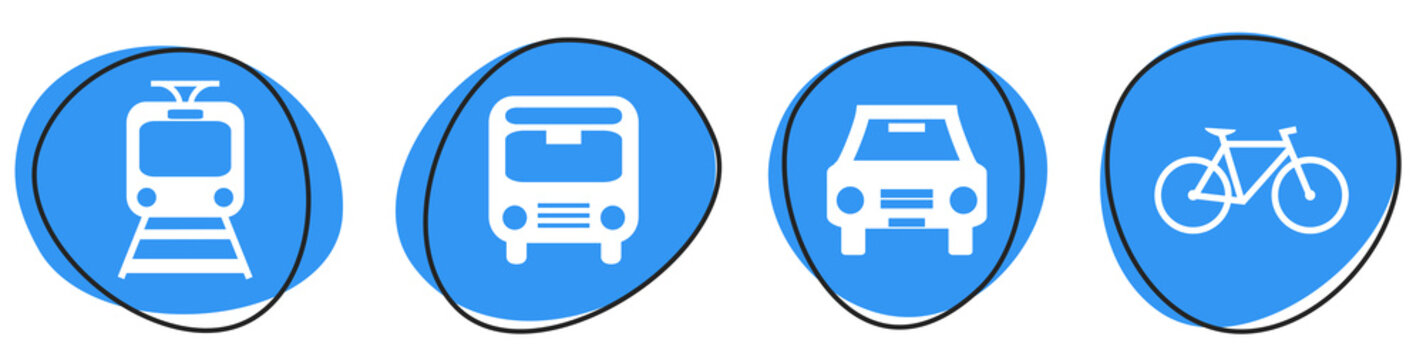 4 blaue Buttons mit 4 Verkehrsmittel Icons