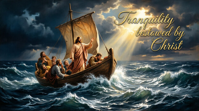 Jesus stands fearlessly and calms the raging sea storm, bringing divine peace and lasting hope.