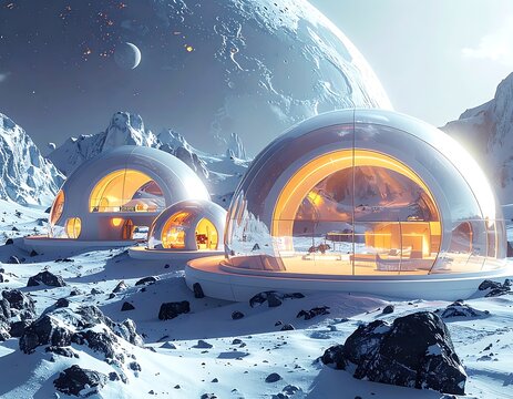 Futuristic space domes on a snowy alien landscape with a large moon