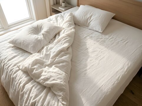 Unmade cozy bed with white linen bedding and soft pillows in a bright bedroom.