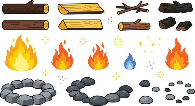 Campfire Element Vector Construction Kit with Fire Flames Wood Logs Charcoal and Stones for Custom Bonfire Graphic Designs and Outdoor Adventure Illustrations