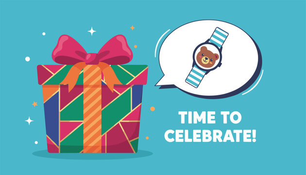Celebration gift box with a colorful bow and a thought bubble containing a wristwatch with a cute bear face on a blue background.