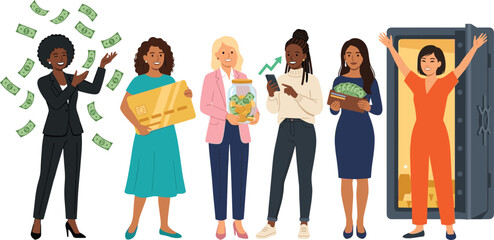 Obraz premium Diverse Women and Financial Success Character Vector Set Showcasing Wealth Accumulation, Smart Saving, Banking, Mobile Investing, and Financial Independence Graphic Designs