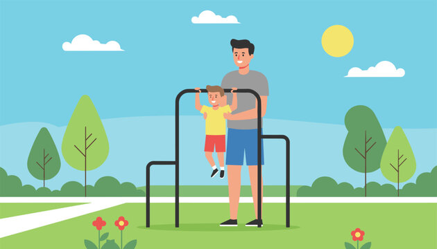 Father helping his young son exercise on parallel bars in a sunny park with green trees and flowers in the background during the daytime.