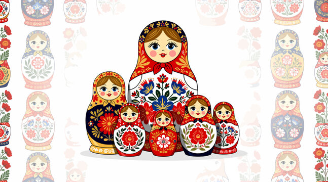 Set of Russian Matryoshka Dolls with Floral Patterns and Bright Colors