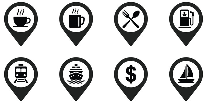 Location pin icons, vector illustration featuring cafe, transport, fuel, food, money, and travel symbols in flat monochrome style for map navigation, app interface, and digital design.