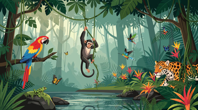 Vibrant Jungle Scene with Monkey, Macaw, Jaguar, and Exotic Flora