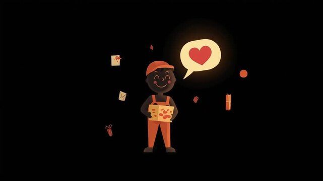 Friendly delivery courier holding a package surrounded by floating gifts and a love speech bubble in this animated motion video