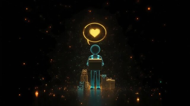 Neon glowing delivery courier holding a cardboard box with a golden heart speech bubble animation in this motion video