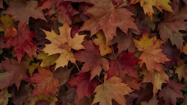 A vibrant carpet of fallen maple leaves displays a rich tapestry of autumnal colors including deep reds, warm oranges, and golden yellows, carpeting the ground during the crisp fall season