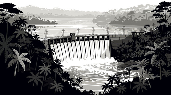 Tropical Hydroelectric Dam with Lush Jungle and Flowing Water