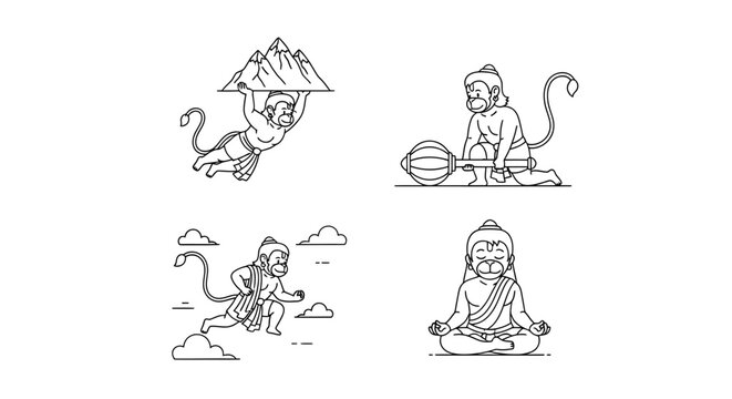 Hindu monkey god cartoon character in various traditional poses