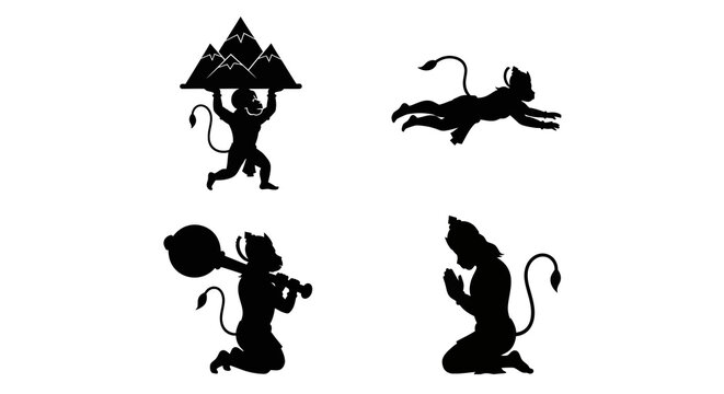 Hindu monkey deity hanuman silhouettes in various religious poses