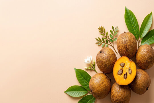 Fresh whole and sliced kepel apple fruits with green leaves on beige background copy space