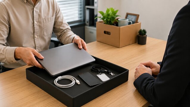 Remise de mat&eacute;riel professionnel avec ordinateur portable et accessoires