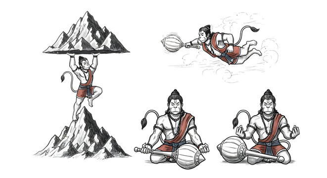 Hanuman deity character set lifting mountain and flying with mace