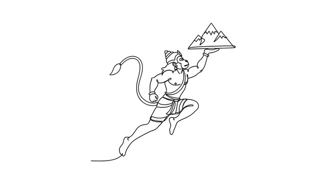 Hindu deity hanuman carrying a mountain in single line art
