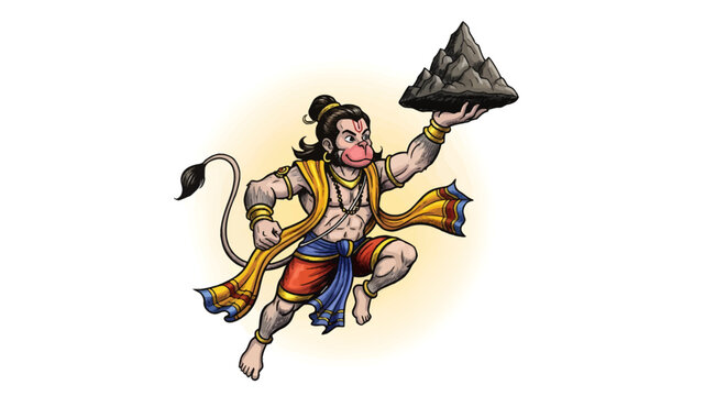 Powerful deity hanuman carrying a mountain in the air