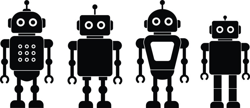 Retro robot silhouette collection featuring four black vintage electronic bot characters isolated on white background