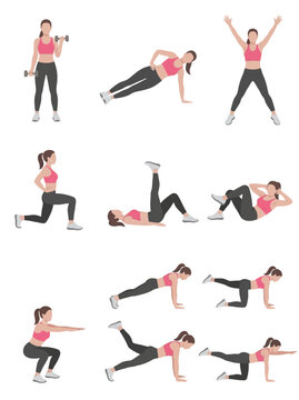Woman exercising set showing various fitness poses including squats planks and lunges on white background