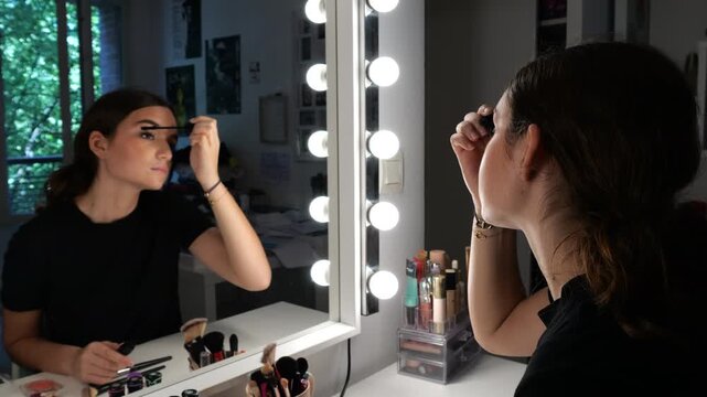 50p slow motion shot of a teenage girl applying mascara in front of a vanity mirror with illuminated makeup lights in a home beauty environment